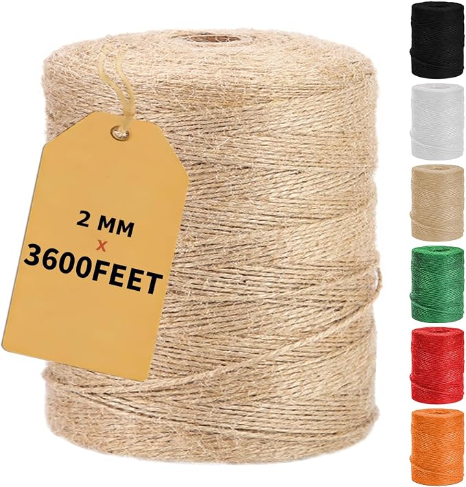 Vanhench 3600Feet Natural Jute Twine String | Bulk Hemp Jute Rope Cord for Gardening, Gift Wrapping, Arts & Crafts, Wedding Décor, Packing Material Burlap Ribbon