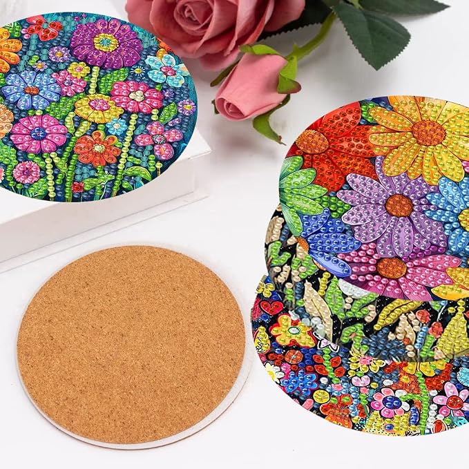 mrpwnle 8 Pcs Diamond Art Coasters Kits, Flowers Diamond Painting Coasters