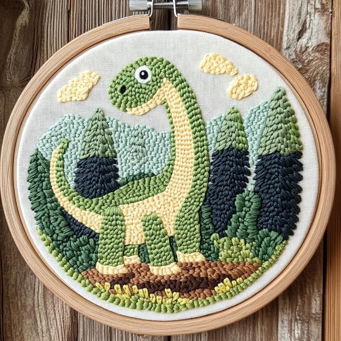 DIY Punch Needle Kits Cartoon Dinosaur with Hoop 20x20cm-2 | with Pattern Stamped Easy for Beginners Embroidery Punch Needle Starter Craft Set for Adults Festival Gift and Decoration