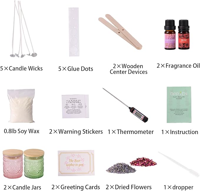 DARJEN Candle Making Kit for Beginners, 2 Jars Soy Wax Scented DIY Set | 100% Soy Wax, 10oz Glass Jars, Natural Cotton Wicks, Pleasant Scents, Instruction& More- Perfect as Home Decorations