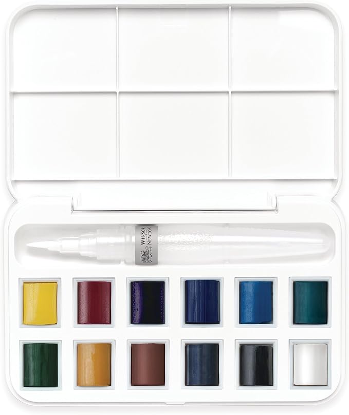 Winsor & Newton Cotman Watercolor Paint Set, 12 HP Water Brush Pocket Set | Introductory Watercolor made with Fine Art Pigments, Perfect for Beginners, Lightfast & Permanent, Good Tinting Strength