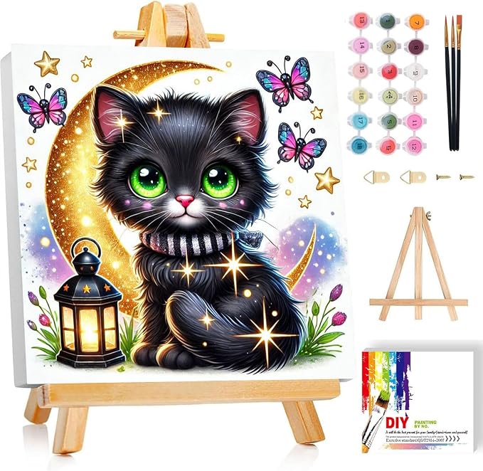 cviokrdu Cat Paint by Numbers Kit for Kids with Frame - Wooden Easel, Cats Paint by Numbers for Kids Ages 4 8 12, Easy Acrylic Oil Painting Kits for Home Wall Decoration 8x8 inch