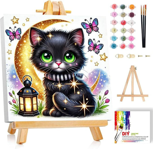 cviokrdu Cat Paint by Numbers Kit for Kids with Frame - Wooden Easel, Cats Paint by Numbers for Kids Ages 4 8 12, Easy Acrylic Oil Painting Kits for Home Wall Decoration 8x8 inch