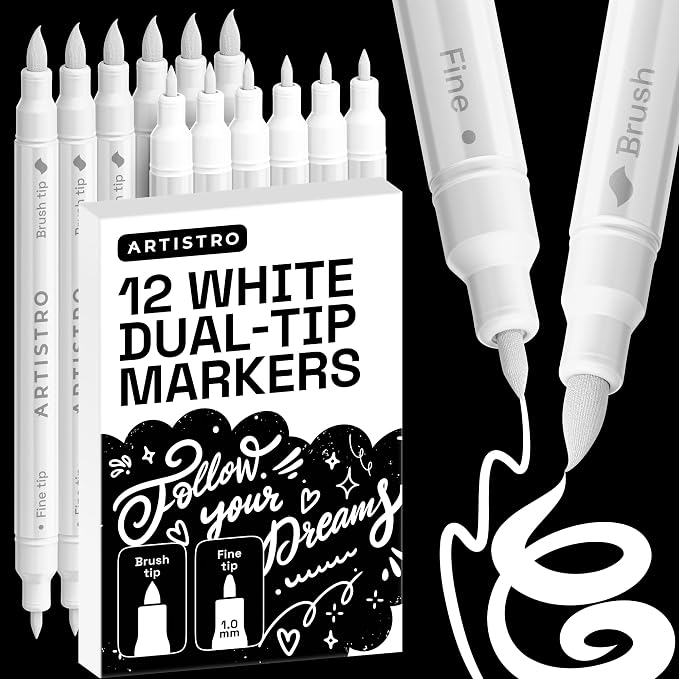 ARTISTRO 12 White Dual-Tip Acrylic Paint Marker Pens for Drawing | For Fabric, Rock, Glass, Wood, & Molds, Arts & Crafts Gift for Adults, Teens, & Kids, Classroom Must Haves & School Supplies