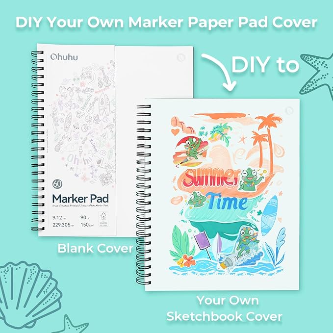 Ohuhu 9"x12" Double-Sided Bleedproof Marker Pad Art Sketchbook 60 Sheets | Large Sketch Book - 90 LB/150 GSM Smooth Drawing Paper - 60 Sheets/120 Pages - Spiral-Bound Sketch Pad for Alcohol Markers