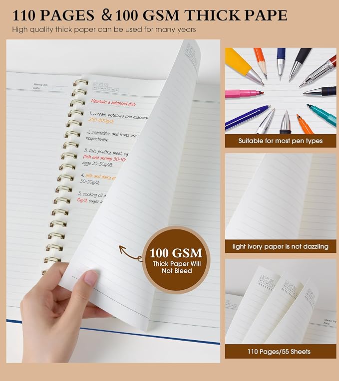 Spiral Notebook Journal 8.5” x 11”, A4 Large Notebooks for Women Men, College Ruled Lined Journal, 100 GSM Paper, Plastic Hardcover Spiral Bound Journals for Work School Note Taking Business, Navy