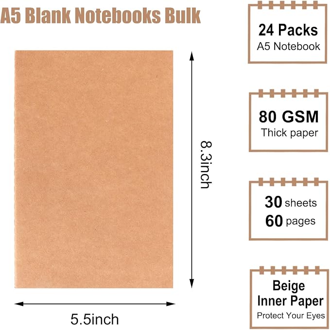 EOOUT 24 Pack Blank Kraft Notebooks, A5 Journals Notebook Bulk, Unlined Paper Sketchbooks, 8.3x5.5in 60 Pages Travel Journal Set for Journaling, Student, Kids, Writing