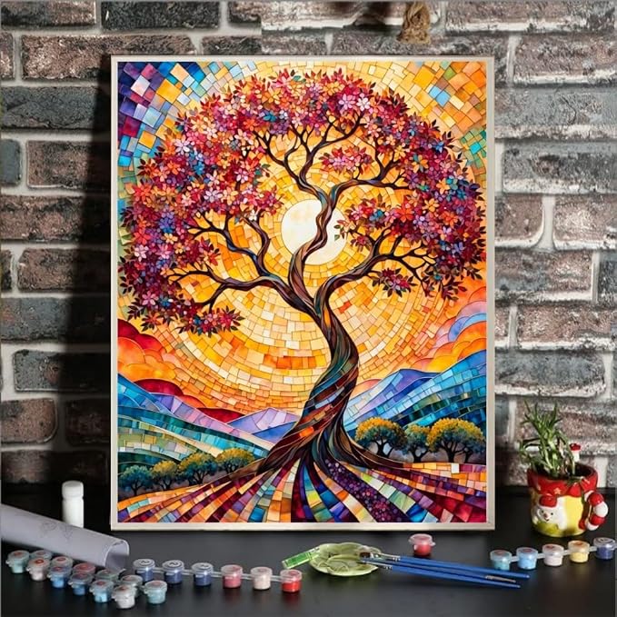 ldazao Tree of Life Abstract Paint By Numbers Kit for Adults Stained Glass Paint-By-Number Kits On Canvas Without Frame DIY Adult Trees Oil Painting for Gift Home Wall Decor 16 X 20 Inch