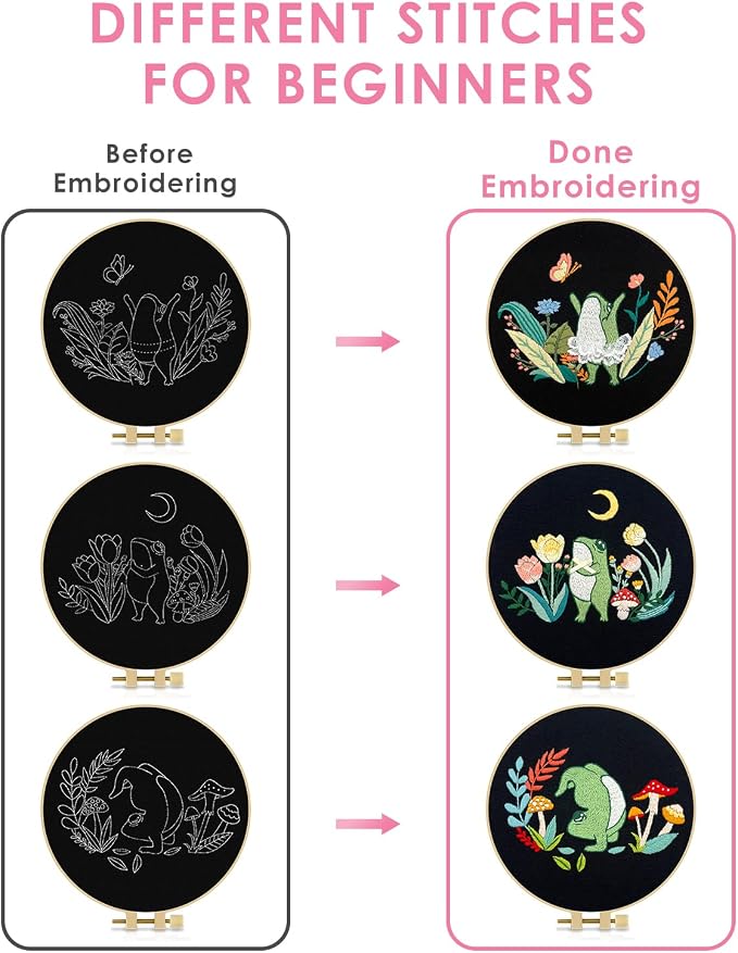 TINDTOP 3 Sets Embroidery Kit for Adults, Frog Embroidery Practice Kit | for Beginners Include Embroidery Cloth Hoops Threads for Craft Lover Hand Stitch with Embroidery Skill Techniques