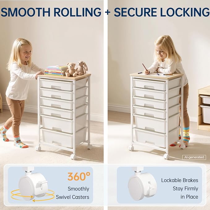Delamu Rolling Storage Cart with 6 Drawers, Utility Craft Storage Cart | Storage Drawers Cart with Wooden Tabletop and Lockable Casters for Classroom Office Dorm Craft Art Supplie, White