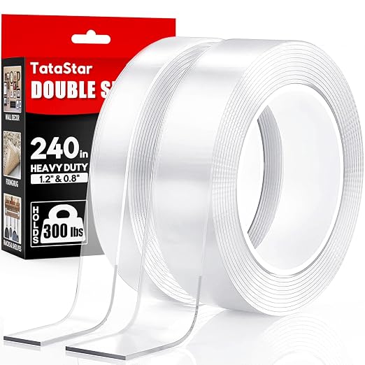 Tatastar Double Sided Tape Heavy Duty (2 Rolls, 20 Feet) - Removable Waterproof Nano Mounting Tape, 1.2" & 0.8" Width for Picture Hanging, Wall Decor, Posters, Carpets, Rugs - Indoor & Outdoor Use