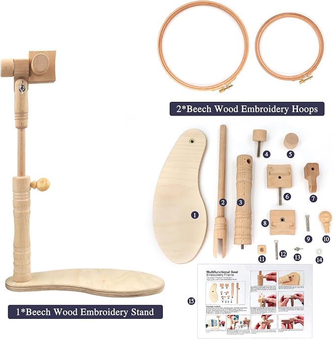 ZOCONE Beech Wood Embroidery Hoop Stand with 2 Pcs 6'' 8'' Embroidery Hoops | Natural Wooden Adjustable Rotated Embroidery Stand, Embroidery Hoop Holder for Cross Stitch and Embroidery Project
