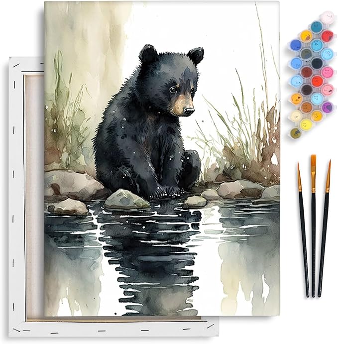 Yezavesu Bear Framed Paint by Numbers Kit for Adults Beginner | With Frame Canvas 12x16 Inch, DIY Acrylic Painting by Numbers Bear, Stress Relief Craft Kits, Home Wall Decor Gift