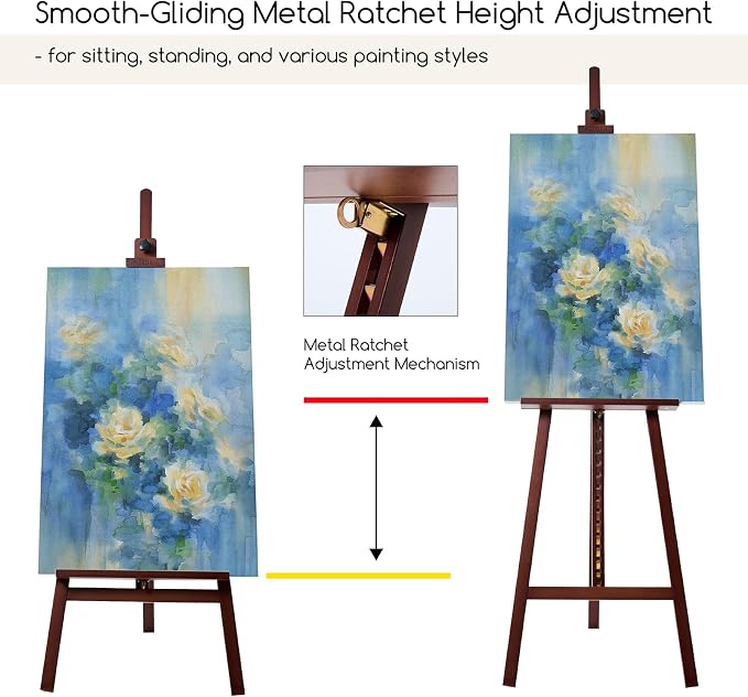 MEEDEN Art Wooden Easel Stand: Solid Beechwood, Can Hold Canvas up to 43" | Adjustable Height from 57"-76" for Studio Gallery, Multiple Angles A-Frame Easel for Adults Artists Beginners, Deep Walnut