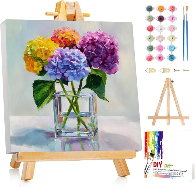 Framed Paint by Numbers Kit for Adults Beginner & Kids Ages 8-12 Flowers Adult Paint by Number Kits on Canvas with Easel Floral Painting by Numbers for Adults with Frame DIY Painting Kits 8x8 Inch