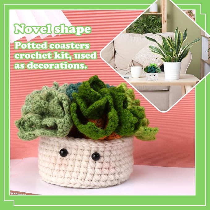 FTEVEN Crochet Kit for Beginners, 6PCS Coasters Crochet Starter Kit Plant