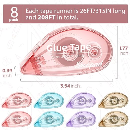 Secopad Scrapbook Tape, 8 Pack Glue Tape, Light-Colored Shell | 0.3IN x 26FT, Sticky & Safe, Double Sided Tape for Crafts, Scrapbooking Junk Journaling Supplies, For School Office Teachers