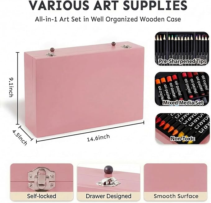 175-Pack Deluxe Wooden Art Set Drawing Painting Kit with 2 Drawing Pads, Acrylic Paints, Colored Pencils, Crayons, Paint Brush, Art Kit in Wooden Case, Gift for Artist, Adults, Teens and Kids