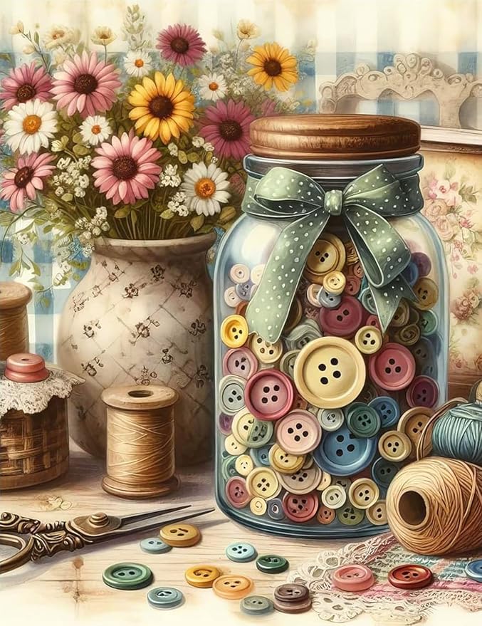 Accompany Wind 5D Diamond Painting Kits for Adults -Vintage Sewing Room with Buttons Jar Full Drill Diamond Art Craft Kits for Adults - Diamond Art Kits for Home Wall Decor 12×16 Inch
