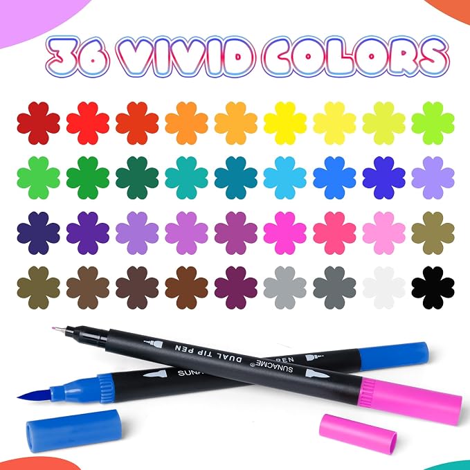 sunacme 36 Colors Dual Brush Marker Pens, Art Marker Set with Brush and Fineliner Tip for Adults Coloring Books, Journaling, Note Taking