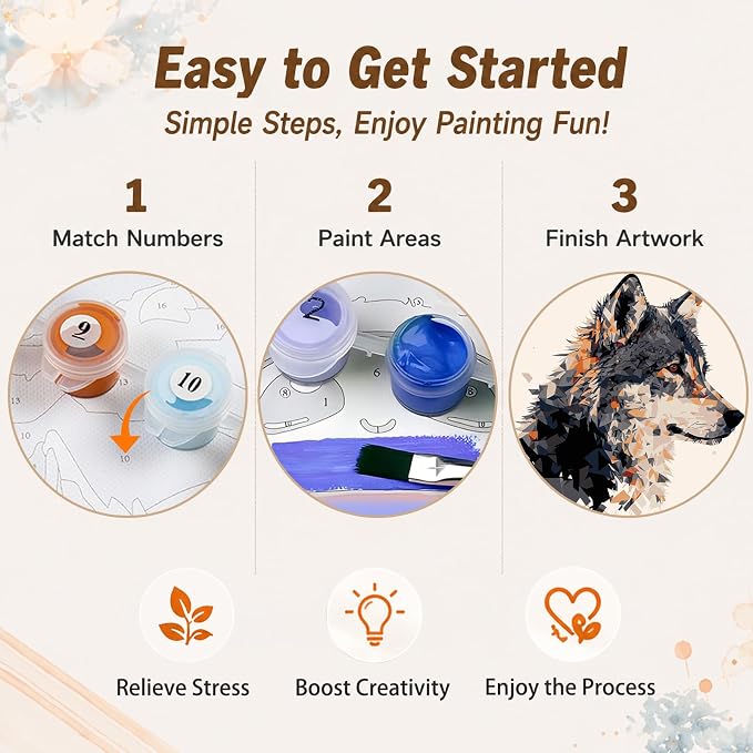 AUKELHJ Framed Paint by Numbers Kit for Adults, Wolf, 10x10 inch