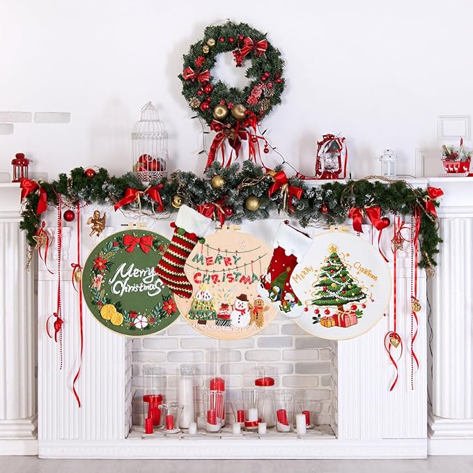 LB Christmas Embroidery Kit for Beginners Adults, 3 Sets Hand Embroidery Starter Kit with Wreath Pattern and Instructions Stamped Cross Stitch Kits Include Embroidery Hoop Needles Threads Scissors