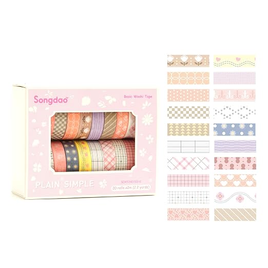 20 Rolls Basic Washi Tape Set Japanese Arts Adhesive Tapes Simple Patterns Decorative Masking Tape Sets for Craft, Kids, Scrapbook, DIY, Gift Wrapping (Style Six)