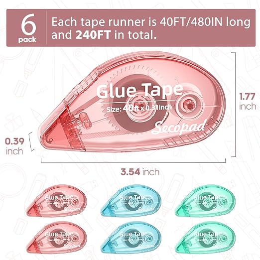 Secopad Scrapbook Tape,0.3IN x 40FT Glue Tape, 6 Pack Adhesive Glue Runner | Quick Adhesive, Photo Safe, Double Sided Tape for Crafts, Scrapbooking Junk Journaling Supplies, For School Office Teachers
