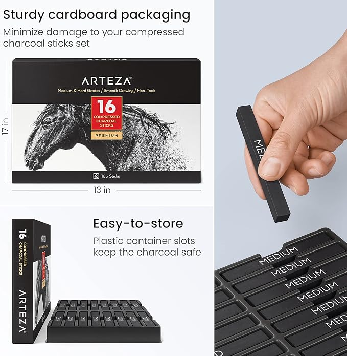 ARTEZA Compressed Charcoal Sticks Set of 16 – Medium and Hard Drawing Crayons for Sketching, Shading, Line Work in Charcoal Art and Figure Drawing | Deep Black Marks, Controlled Lines in Varied Thicknesses, Rich Layered Depth, For Sketching, Shading an...