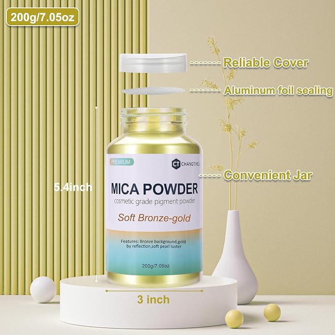 Mica Powder,7.05OZ（200g）,Soft Bronze-Gold Mica Powder Pigment for Epoxy Resin，Lip Gloss，Car Paint，Dye，Soap Making，Nail Polish,Epoxy Resin,Candle Making,Bath Bombs