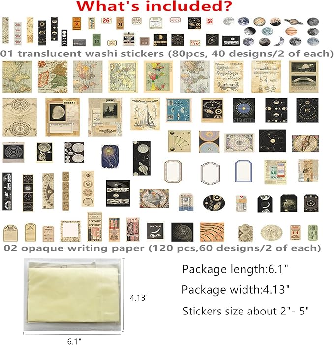 TIYPKE 200pcs Aesthetic Stickers - Vintage Scrapbook Stickers for Journaling, Bullet Journals, Scrapbooking, Space & Moon Themes