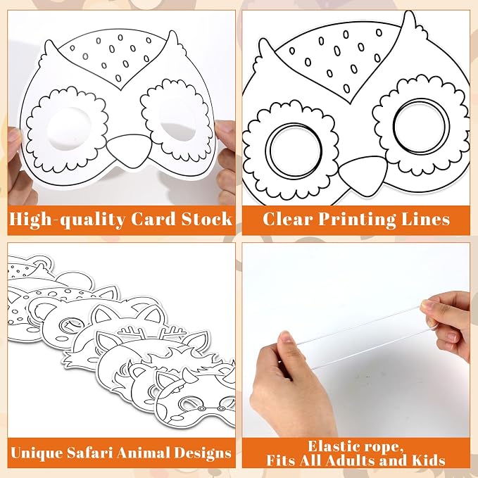 Lonfliness 63 Set Animal Coloring Mask Jungle Paper Crafts Kids Color Your Own Wild Blank DIY Mask Masquerade Birthday Party Dress-Up Decoration Favor School Classroom Activity Game Supplies Wildlife