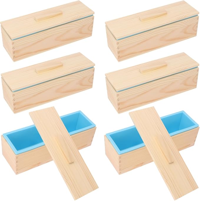 6 Packs Artisan Soap Loaf Wood Box for Soap Making, Blue 42 oz Premium Silicone Loaf Soap moldss with Wooden Box and Lid - Ideal for Large Size Homemade Soaps, Flexible and Heat Resistant