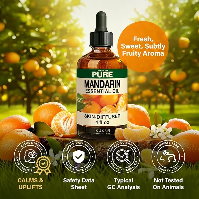 Kukka 100% Pure Mandarin Essential Oil for Skin, Diffuser, 4 Fl Oz | Undiluted Dropper Bottle - Mandarin Oil for Diffuser Blends, Candle Making, Wax Melts, Soap Making, Massage & Air Freshening