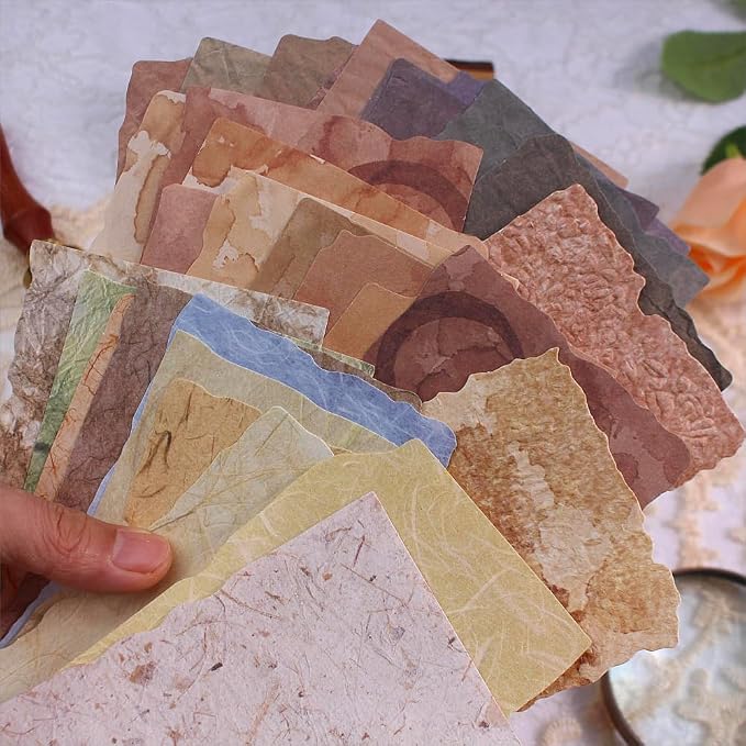 84 Sheets Vintage Textured Scrapbook Paper, 3D Embossed | 2.4 x 3.2 & 3.4 x 4.9 in | Deckled Edge | Coffee-Stained & Fiber Textures | Junk Journaling | Mixed Media | Collage
