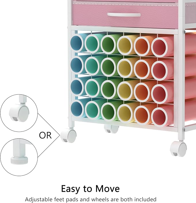 VENNQD Organizer and Storage Stand Compatible with Cricut Machines, Rolling Storage Cart/Shelf with 24 Vinyl Roll Holders, 2 Fabric Drawer, Accessories Holder, Tool Hook for Craft Room Home (Pink)