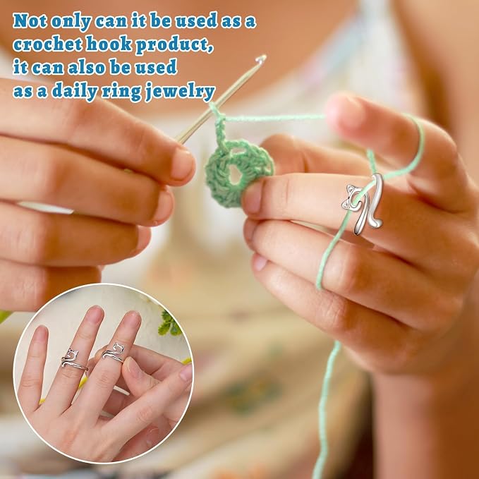 8 Pcs Crochet Ring, Adjustable Crochet Ring for Finger, Tension Rings | FOUSNOW Cat Yarn Guide Yarn Knitting Thimble, Faster Knitting Crocheting Accessories for Mother Grandma