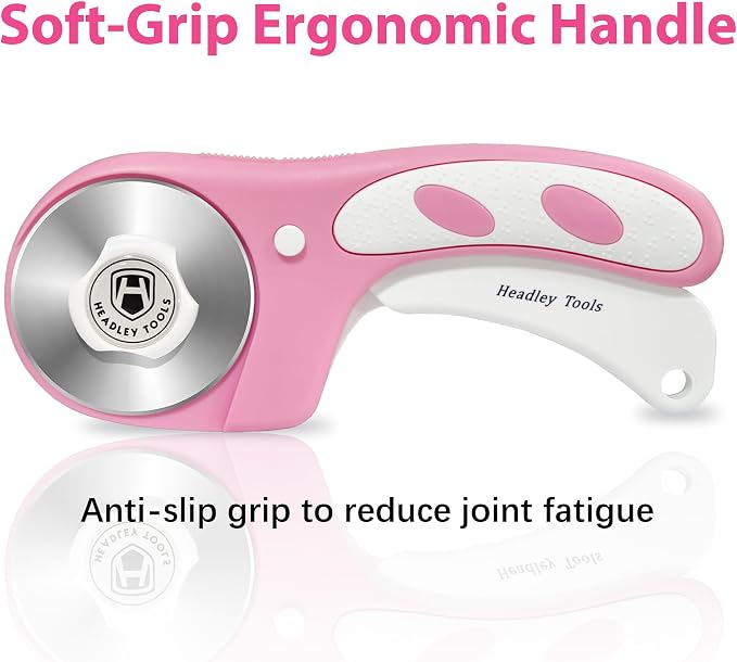 Headley Tools Rotary Cutter 60mm Upgraded with Bearing Design for Smoother and deeper cutting, Ergonomic Handle Rolling Cutter with Safety Lock for Fabric, Fabric, Leather, Crafting, Sewing, Pink