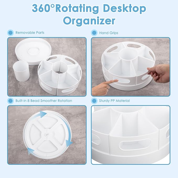 CraftGenes Rotating Art Supply Organizer, 7 Removable Compartments, White