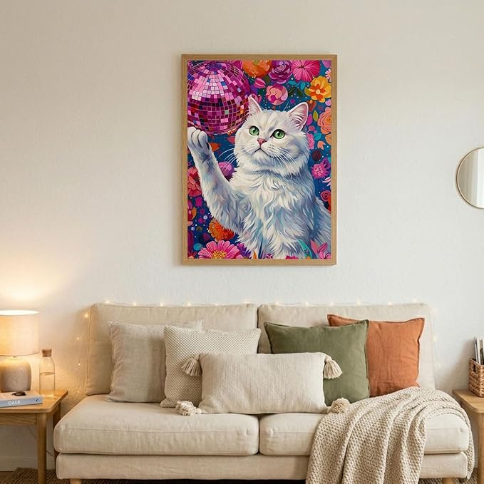 Dorwendis Diamond Art Kits for Adults, Cat Diamond Art Disco Ball 5D Diamond Painting Kits for Adults, DIY Round Full Drill Gem Art for Home Wall Decor&Gift 12x16 Inch(Cat)