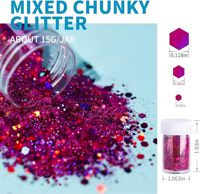 LEOBRO Chunky Glitter, 18 Jars Craft Glitter for Resin, Crafts, Tumbler DIY Arts and Crafts, Total 270g