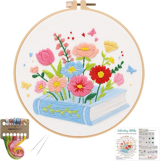 Louise Maelys Floral & Book Embroidery Kit for Beginners DIY Craft Kit | Complete Needlepoint Kit with Embroidery Hoop, Printed Fabric, Color Threads, Needles and Instruction for Easy Hand Stitching