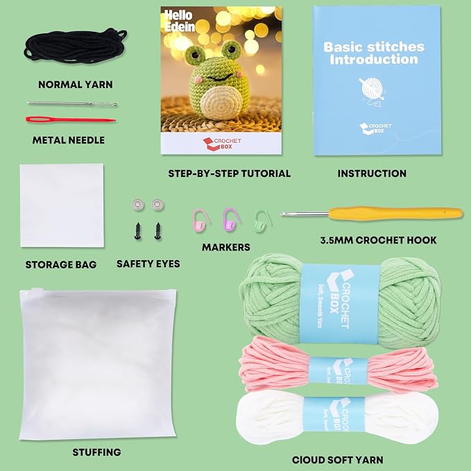 Crochet Kit for Beginners: Frog Crochet Kit for Adults, Learn to Crochet, Include Easy to Use Yarn, Step-by-Step Video, Patterns, Cute Animal Design, Thanksgiving Christmas Birthday Gift