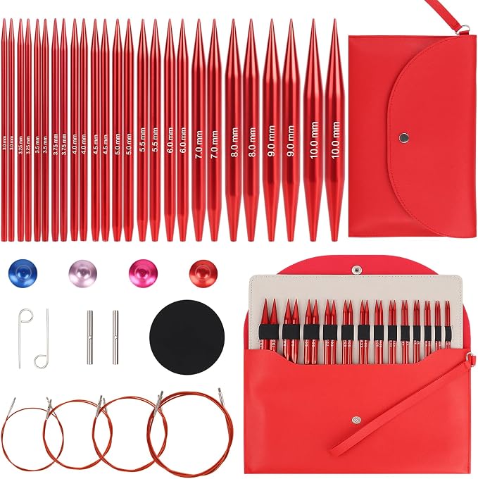 Aeelike 13 Pairs Interchangeable Knitting Needles Set 3-10.0mm, Cherry Red | Aluminum Interchangeable Knitting Needles with 4 Cables, Smooth Complete Needles Set for Socks Blankets Sweaters, Ideal Gift