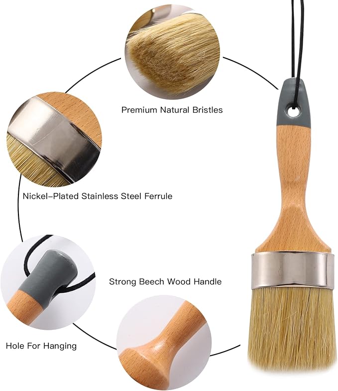 Mister Rui Chalk Wax Paint Brush 3 pcs, Large Wax Brush for Furniture | Stencil Brushes for All in One Paint Acrylic Paint, Cabinets, Natural Bristles, 1 Small Round Brush and 2 Large Oval Brushes