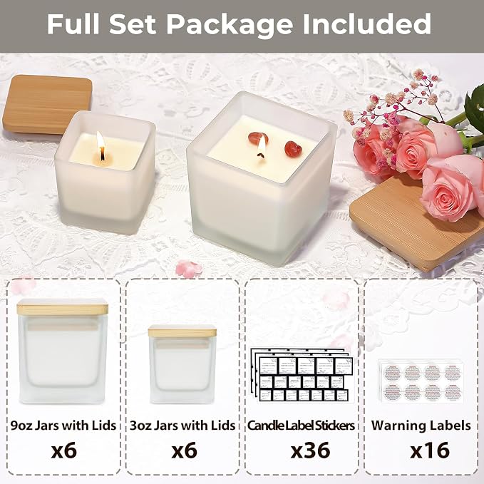 CONNOO 12 Pack 9oz & 3oz Frosted Glass Square Candle Jars with Bamboo Lids