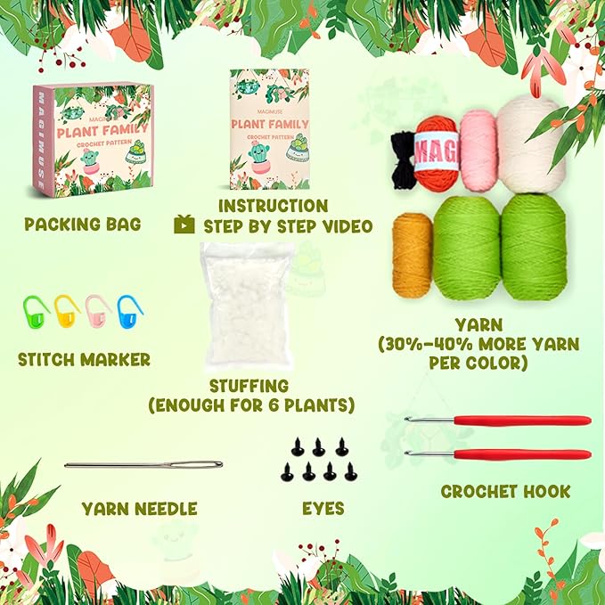 MAGIMUSE Crochet Kit for Beginners, Crochet Starter Kits, Amigurumi Craft Knitting Crocheting Kits with Step-by-Step Video Tutorials, 6 Pack Hanging Potted Plants Family(40%+ Yarn)