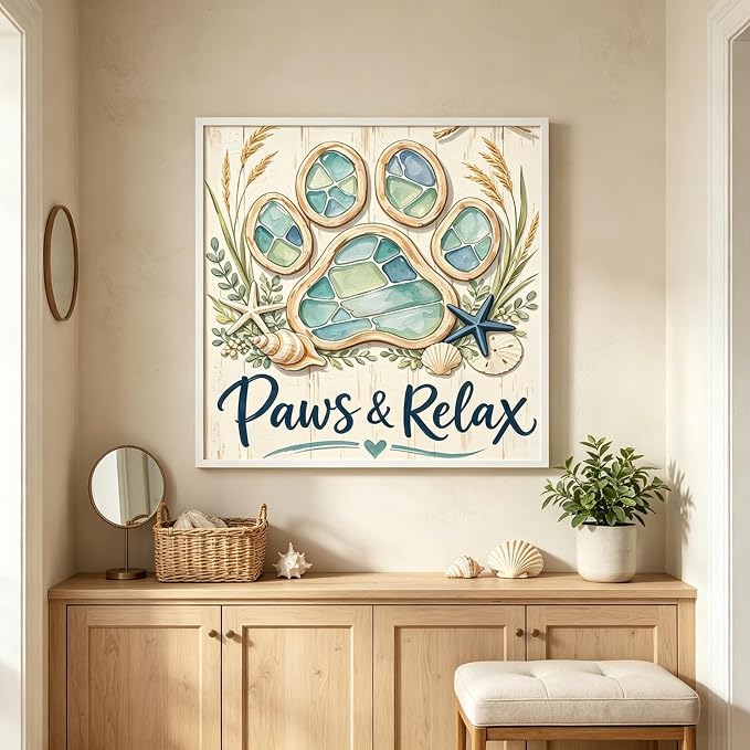 Coastal Dog Paw Diamond Painting Kits for Adults,Beach Ocean Diamond Art | DIY Full Round Drill Gem Painting Seaside Paint by Diamonds Relaxing Craft for Home Wall Decor 13.7x13.7In