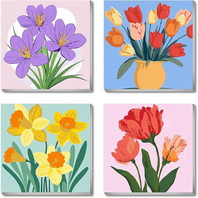 Canrichshop 4-Pack Framed Flowers Paint by Numbers Kit for Adults Beginner & All Ages 8-12 and More,Oil Painting by Numbers for Kids, DIY Number Paint Decor Present 8X 8 inch