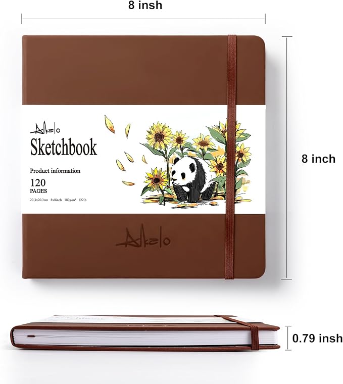 ALKALO Square Sketchbook for Drawing, 120 Pages Sketch Book, 122LB/180GSM Thick Paper, Mixed Media Sketchbook for Charcoal Pencil, Inks Pen, Colored Pencil, Acrylic Marker, Oil Pastel